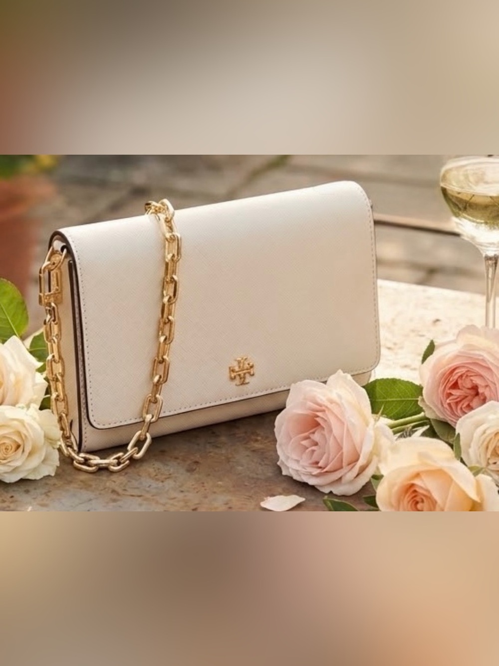 Authentic Tory Burch Ivory  Saffiano Leather Emerson Wallet on Chain Crossbody